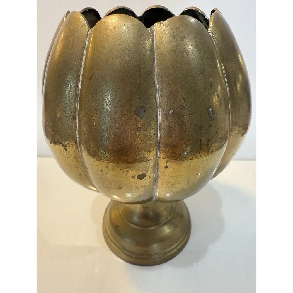 Vintage Brass Lotus Flower Pedestal Vase Scalloped Planter Urn India 7